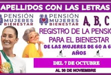 APELLIDOS CON LAS LETRAS: A, B, C… REGISTRO DE LA PENSIÓN PARA EL BIENESTAR DE LAS MUJERES DE 60 A 64 AÑOS | DEL 7 DE OCTUBRE AL 30 DE NOVIEMBRE. 