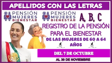 APELLIDOS CON LAS LETRAS: A, B, C… REGISTRO DE LA PENSIÓN PARA EL BIENESTAR DE LAS MUJERES DE 60 A 64 AÑOS | DEL 7 DE OCTUBRE AL 30 DE NOVIEMBRE. 