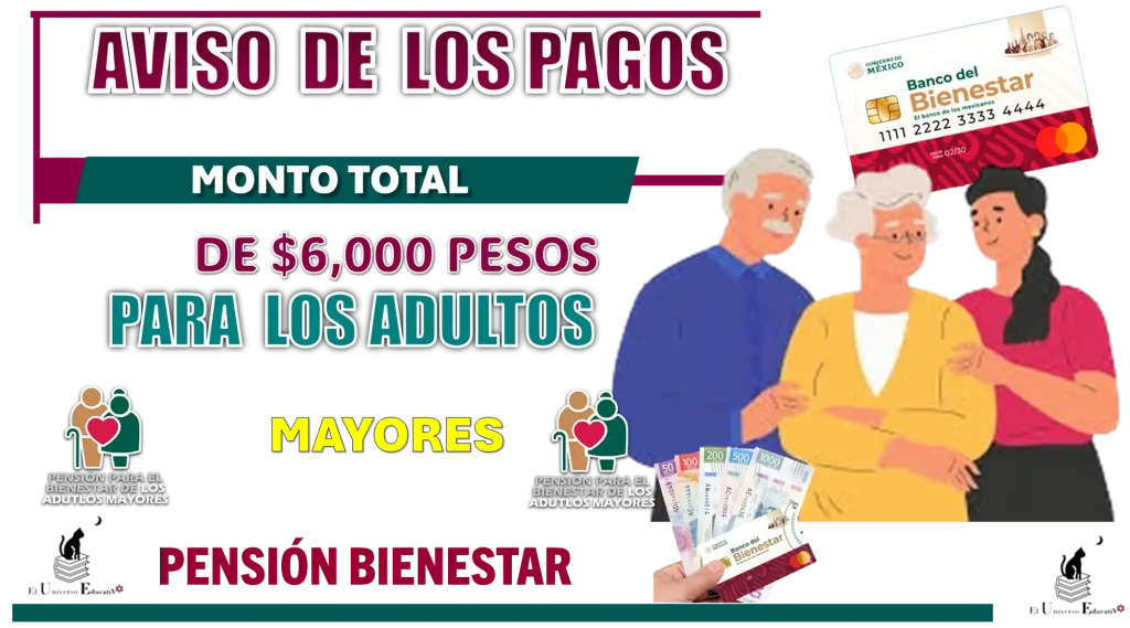 AVISO DE LOS PAGOS | MONTO TOTAL DE $6,000 PESOS PARA LOS ADULTOS MAYORES DE LA PENSIÓN BIENESTAR 