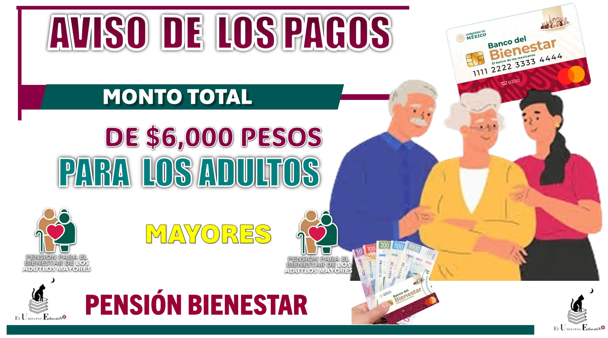 AVISO DE LOS PAGOS | MONTO TOTAL DE $6,000 PESOS PARA LOS ADULTOS MAYORES DE LA PENSIÓN BIENESTAR 