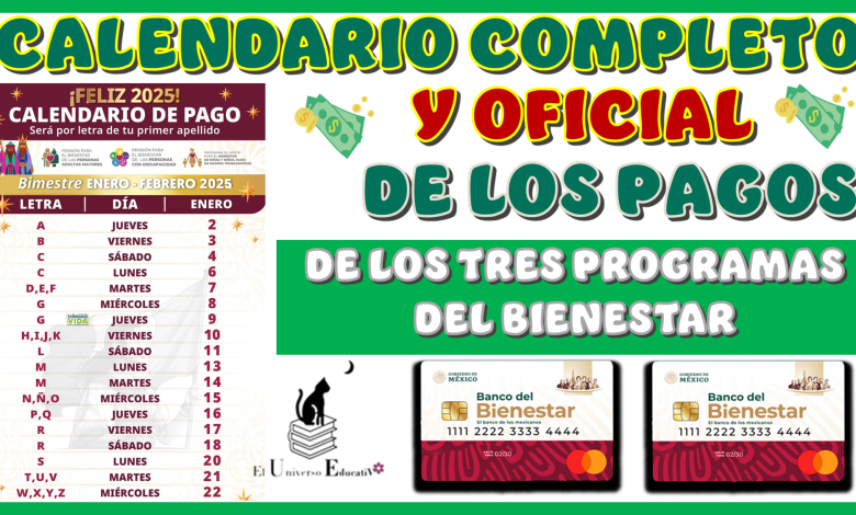 CALENDARIO COMPLETO Y OFICIAL DE LOS PAGOS DE LOS TRES PROGRAMAS DEL BIENESTAR 