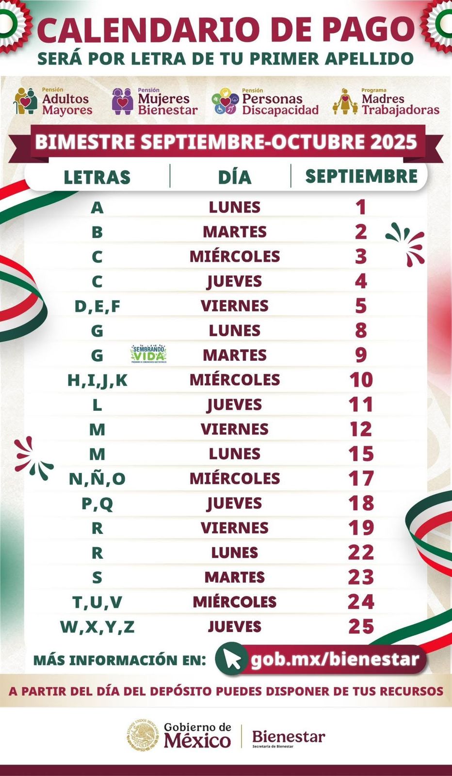 CALENDARIO DE PAGOS DE SEPTIEMBRE