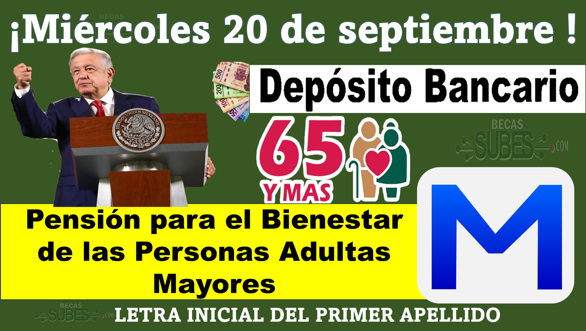 El miércoles 20 de septiembre se realizará el Depósito Bancario de Pensión para el Bienestar de las Personas Adultas Mayores para los apellidos que inicien con la letra M.