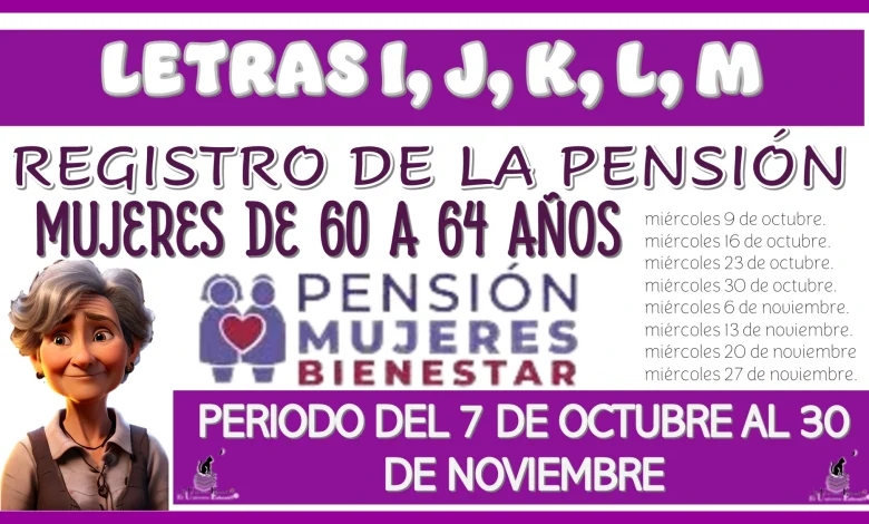 LETRAS I, J, K, L, M | PARA EL REGISTRO DE LA PENSIÓN MUJERES DE 60 A 64 AÑOS | PERIODO DEL 7 DE OCTUBRE AL 30 DE NOVIEMBRE 