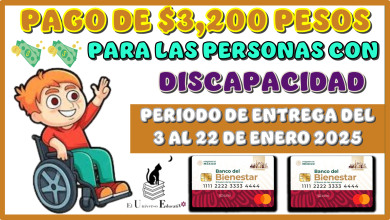 PAGO DE $3,200 PESOS PARA LAS PERSONAS CON DISCAPACIDAD PERIODO DE ENTREGA DEL 3 AL 22 DE ENERO 2025 