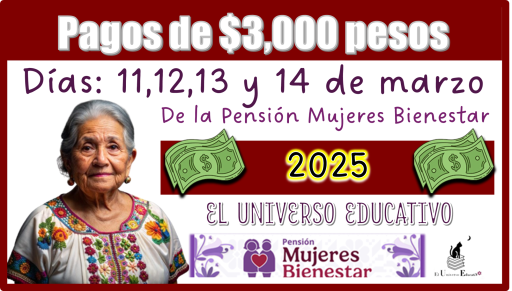 Pagos de $3,000 pesos Días 11,12,13,14 de la Pensión Mujeres Bienestar 2025 