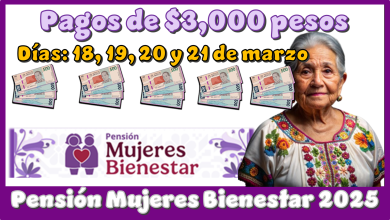 Pagos de $3,000 pesos | Días: 18,19,20 y 21 de marzo | Pensión Mujeres Bienestar 2025