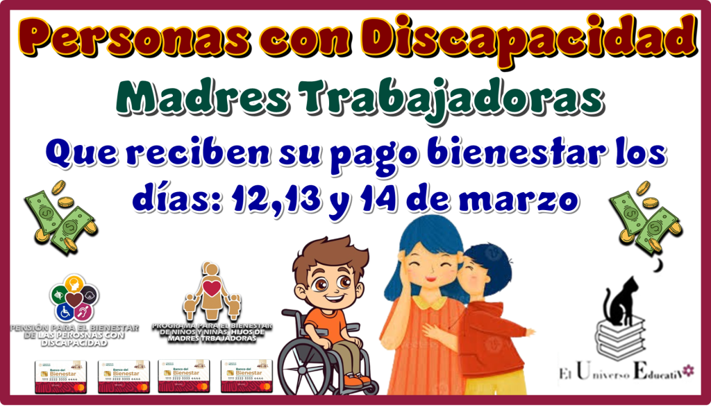 Personas con Discapacidad y Madres Trabajadoras que reciben su pago bienestar los días:12,13 y 14 de marzo 2025