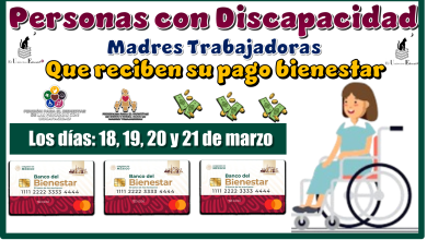 Personas con Discapacidad y Madres Trabajadoras que reciben su pago bienestar los días: 18, 19, 20 y 21 de marzo 2025