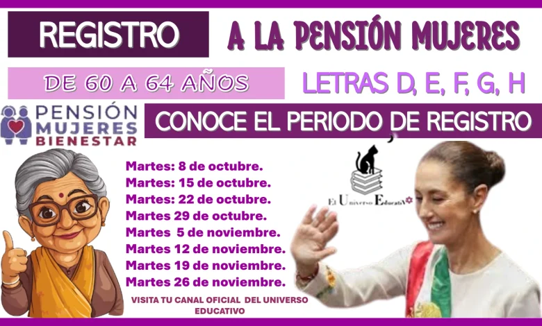 REGISTRO A LA PENSIÓN MUJERES BIENESTAR DE 60 A 64 AÑOS… LETRAS: D, E, F, G, H… CONOCE EL PERIODO DE REGISTRO 