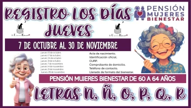 REGISTRO LOS DÍAS JUEVES DEL 7 DE OCTUBRE AL 30 DE NOVIEMBRE PARA LA PENSIÓN MUJERES BIENESTAR DE 60 A 64 AÑOS… ESTAS SON LAS LETRAS N, Ñ, O, P, Q, R 