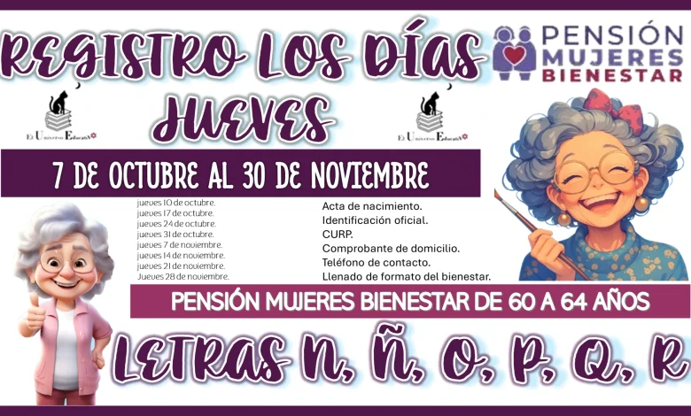 REGISTRO LOS DÍAS JUEVES DEL 7 DE OCTUBRE AL 30 DE NOVIEMBRE PARA LA PENSIÓN MUJERES BIENESTAR DE 60 A 64 AÑOS… ESTAS SON LAS LETRAS N, Ñ, O, P, Q, R 