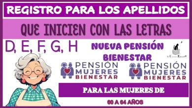 REGISTRO PARA LOS APELLIDOS QUE INICIEN CON LAS LETRAS: D, E, F, G, H… NUEVA PENSIÓN BIENESTAR PARA LAS MUJERES DE 60 A 64 AÑOS 